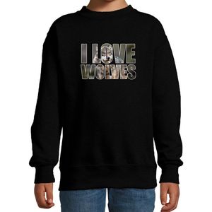 Tekst sweater I love wolves met dieren foto van een wolf zwart voor kinderen - cadeau trui wolven liefhebber - kinderkleding / kleding 152/164