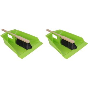 Pro Garden Stoffer en blik - 2x - XXL - limegroen - kunststof/hout - 43 cm - voor tuinafval