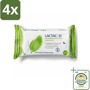 Lactacyd Tissues Verfrissend 15 stuks per verpakking - Voordeelverpakking - 4 stuks - Biologisch afbreekbare doekjes - Intieme hygiene