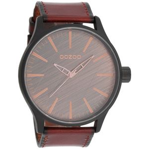 OOZOO Timepieces - Zwarte horloge met rood/bruine leren band - C7862