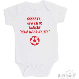 Soft Touch Romper Gepersonaliseerd Voetbal Club naar Keuze ""ssssstt Opa en ik kijken ...."" Unisex Katoen Wit/rood Maat 62/68