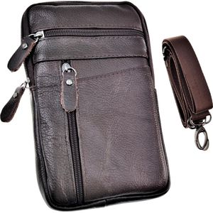 Telefoontasje Unisex - Donkerbruin Echt Leer - Riemtasje - Crossbodytas - Schoudertas - Telefoontas