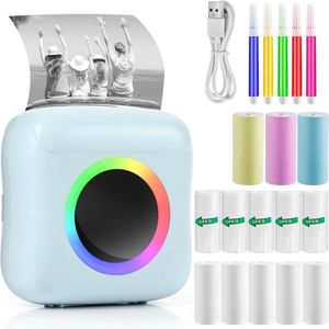 Mobiele fotoprinter - Pocket printer - Mini printer voor mobiel - Foto-etiketten Memo Ontvangstbewijs Papier Printer - met licht 13 rollen printerpapier - voor Smartphone met Android, iOS Systeem - Sticker printer - 5 Pennen