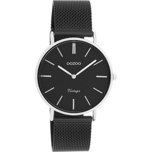 OOZOO Timepieces - Zilverkleurige horloge met zwarte metalen mesh armband - C8866