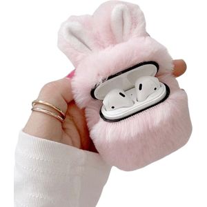 Casies Bunny Airpods case - Apple AirPods 1 & 2 - Roze - konijnen hoesje softcase - Pluche / Fluffy
