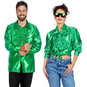 Jaren 80 & 90 Kostuum | Groene Ruchesblouse Satijn Foute Disco | Maat 48 | Carnaval kostuum | Verkleedkleding