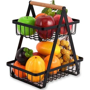 Fruitmand met 2 verdiepingen, afneembare fruitetagère, 2 etages, keuken, moderne fruitschaal, praktische metalen fruitmanden voor brood, groenten, snacks, hoekrek, staand opbergen, keuken, zwart