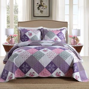 Patchwork sprei 240 x 260 cm, lila patchwork deken set met kussen, gewatteerde deken van polyester 250 x 270 cm, sprei voor tweepersoonsbed