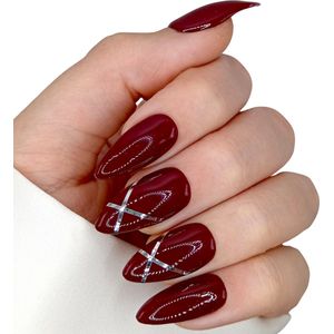 SD Press on Nails - B-220 - Plaknagels - Nagelset 20 Nagels - Donkerrood met Zilveren streepjes - Gellak - Nagellak - Medium Stiletto Nageltips - Nepnagels met Lijm - Kunstnagels - Nail Art - Handmade - Valse nagels - Nagelvijl - Accessoires