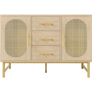 Dressoir Rattan ladekast Opbergkast met 3 lades en 2 rotan deuren Woonkamerkast Zijkast Verstelbare planken