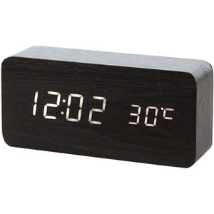 Houten wekker – Alarm Clock – Rechthoek groot - Zwarte kleur – Reiswekker - Tijd datum temperatuur weergave – Sound control - Dimbaar – LED display – Gratis Adapter - Draadloos met batterijen