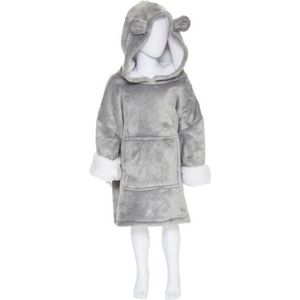 Snuggie - Kids - Hoodie Deken Blanket - Fleece Deken - Plaid Met Mouwen - Grijs Met Oortjes