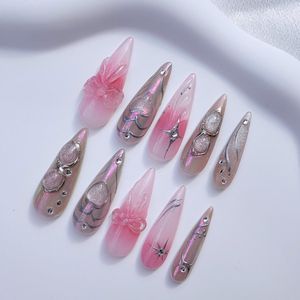 Press-On Nails - Handgemaakte Press-On Nagels - Roze Chrome Lange Almond Nagels - Twilight Sparkle- Maat M