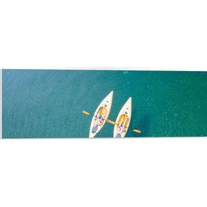 PVC Schuimplaat- Bovenaanzicht van Twee Kano's op Blauw Water - 90x30 cm Foto op PVC Schuimplaat