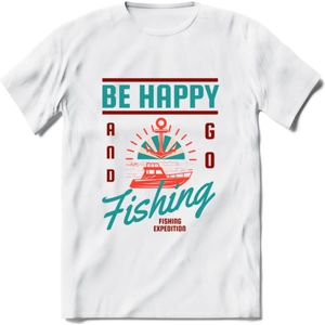 Be Happy Go Fishing - Vissen T-Shirt | Aqua | Grappig Verjaardag Vis Hobby Cadeau Shirt | Dames - Heren - Unisex | Tshirt Hengelsport Kleding Kado - Wit - 3XL
