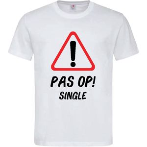 T-shirt Unisex Volwassenen Grappig Tekst ""PAS OP! single"" Op Voorkant | korte mouw | Wit/zwart/rood | maat XXL