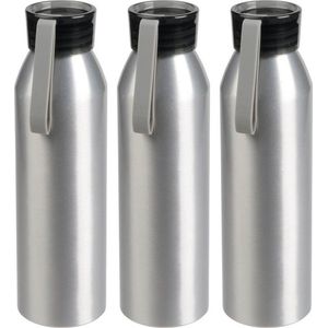 3x Stuks aluminium waterfles/drinkfles zilver met grijze kunststof schroefdop 650 ml - Sportfles - Bidon
