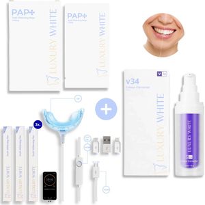Luxury White – Pro Glow Deluxe Set – Whitening Strips, Pro-LED Set & V34 Colour Corrector – Tandenbleek Set – Witte Tanden – Teeth Whitening Kit – Bleek Strips - Paarse Serum – Cresting Formula – Tandenbleekset – luxurywhite – Whitestrips