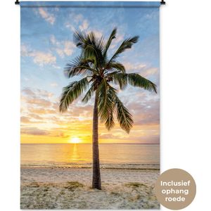 Wandkleed Tropisch Strand  - Palmboom op het strand bij zonsondergang Wandkleed katoen 120x180 cm - Wandtapijt met foto XXL / Groot formaat!