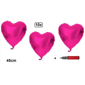 10x Folie ballon hart Pink 45cm + ballonpomp - folieballon huwelijk thema feest valentijn festival hartjes