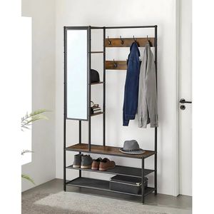 SureDeal® - Garderobekast met Spiegel - Bank -Schoenenrek - 98x35x182 cm - Hout -Staal - Industrieel Design