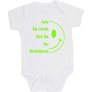 100% katoenen Romper bedrukt met grappige tekst Kado Cadeau Kraamkado Kraamcadeau ""Als ik Lach Zit ik Te Schijten"" Unisex Katoen Wit/fluor green Maat 68/74