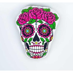 Mexicaanse Doodskop Kussen – Sugar Skull - Dia de los Muertos - Happy Halloween – Doodshoofd Roze Rozen – SierKussen - Super Zacht – Wasbaar – Decoratie – Calavera