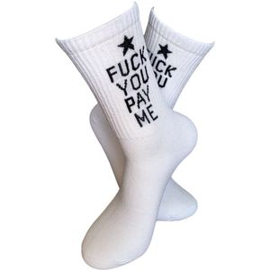 Fuck You pay me Sokken - Geld sokken - Verjaardag cadeau - Vrolijke sokken - Witte sokken - Tennis sokken - Sport sokken - Money - Valentijns cadeau - Sokken met tekst - Aparte sokken - Grappige sokken - Sokken maken Happy - Maat 37-44