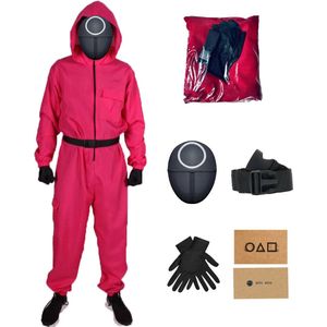 Squid Game Pak met Masker Cirkel | Maat L | Met Gratis Squid Game uitnodigingskaartjes | Jumpsuit Riem Handschoenen Masker Cirkel Kaartjes | Rood Roze Squid Game Overall Bewaker