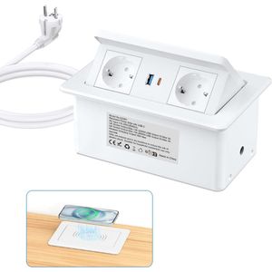 Inbouwstekkerdoos met 2x USB C en Draadloos Opladen, 2m Kabel, Ideaal voor Bureau en Thuis