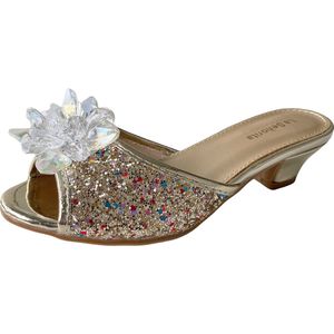 Elsa Prinsessen slipper schoenen goud glitter met hakje maat 26 - binnenmaat 16 cm - bij jurk verkleedkleding