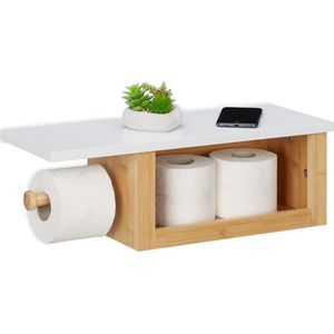Relaxdays wc rolhouder met plankje - bamboe toiletrolhouder muur - voor meerdere rollen