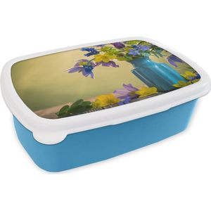 Broodtrommel Blauw - Lunchbox - Brooddoos - Bloemen - Stilleven - Lente - 18x12x6 cm - Kinderen - Jongen