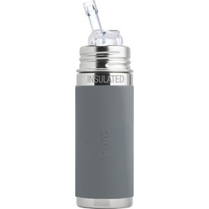 Pura Thermos Rietjesfles 260 ml - Thermoskan - Thermosfles - Plasticvrij - Met Isolatiewand - Op 2 Manieren te Gebruiken - Medische Kwaliteit Siliconen - Inclusief Siliconen Rietje, Reisdop en Sleeve - Grijs