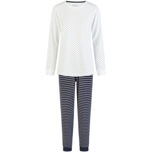 By Louise Dames Winter Pyjama Set Lang Badstof Wit/Donkerblauw Gestreept - Maat S
