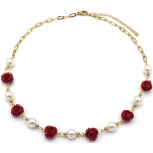 Ketting met Parels en Rozen - RVS - Lengte 39-44 cm - Goudkleurig