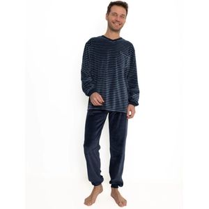 Outfitter heren pyjama - velours - maat XL - Smile streep - marine/grijs