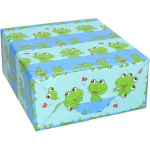 Cadeaupapier - 3x stuks - rol - blauw/groene kikkers print - 200 x 70 cm - inpakpapier - Cadeauverpakking dieren kadopapier