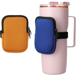kwmobile Drinkfles tas voor waterflessen - 2 flessenhouders tassen - Kleine tas met rits en elastiek - Flessenhanger - blauw / oranje