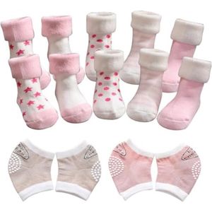 5 paar babysokjes, 2 paar antislip kniebeschermers, roze sokken met draaiboord, ademend, geschikt voor kinderen van 1-3 jaar