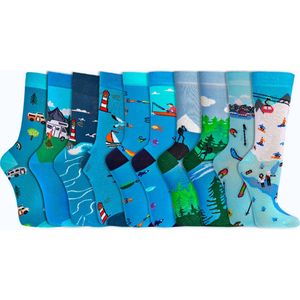 Voordeelbundel | Sokken pakket 10 paar 36-41 | Grappige sokken | Vrolijke sokken | Happy socks printjes | Thema's: 5 x blauwe printjes