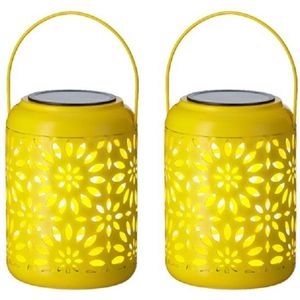 2x stuks solar lantaarn ijzer geel met hengsel 17 cm - Tuinlantaarns - Solarverlichting - Tuinverlichting