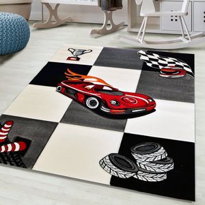 Flycarpets Kids Raceauto Vloerkleed Kinderkamer - Zwart / Wit Speelkleed Laagpolig - 80x150 cm