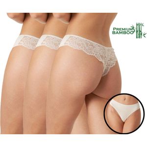 Dames string met kanten achterkant - 3 stuks - Bamboe - Champagne - Maat S