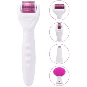 6-in-1 microneedling rollerset, geschikt voor gezicht en lichaam, wordt geleverd met 5 verwisselbare rollerkoppen, een zeer effectief huidverzorgingshulpmiddel.