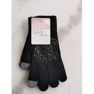 Zwarte dames handschoenen met strass steentjes en grijze vingertippen met touchscreen functie one size