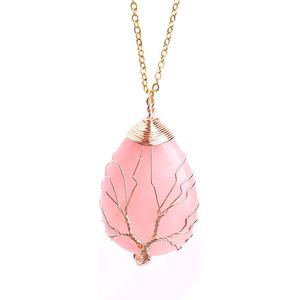 Cosy Casa® - Edelsteen - ketting - Goudkleur - Rozenkwarts - Rose Quartz - kristal - Three of life - spiritueel - Druppel - Bergkristal - Natuurlijke edelsteen ketting - Cadeauverpakking