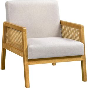 Gestoffeerde Loungestoel met Rotan Armleuningen – Comfortabele Enkele Fauteuil voor Woonkamer, Leeshoek of Ontvangstruimte