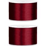 2x Hobby/decoratie diep rood satijnen sierlinten 3,8 cm/38 mm x 25 meter - Cadeaulint satijnlint/ribbon - Diep rode linten - Hobbymateriaal benodigdheden - Verpakkingsmaterialen