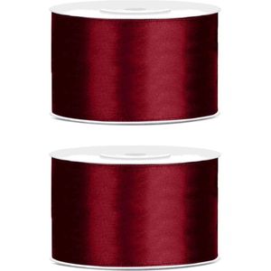 2x Hobby/decoratie diep rood satijnen sierlinten 3,8 cm/38 mm x 25 meter - Cadeaulint satijnlint/ribbon - Diep rode linten - Hobbymateriaal benodigdheden - Verpakkingsmaterialen